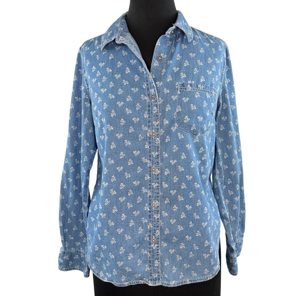 Anthropologie Holding Horses Blue Shirt Cotton Floral Denim Button-Up Blouse 6